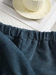 2pcs/Set Setelan Jaket dan Celana Lengan Panjang Kasual Warna Polos Kerah Peter Pan Bergaris untuk Balita Perempuan, Terbuat dari Kain Tenun Lembut dan Nyaman, Cocok untuk Pakaian Luar Ruangan, Musim Gugur/Musim Dingin - Dusty Blue - View 5