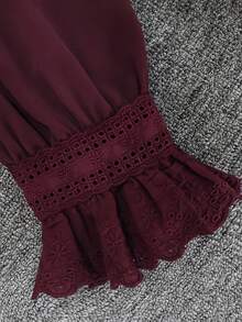 1pc Polyester Lace Patchwork Ruffle/Flounce Women's Blouse, Suitable For Daily Wear, Home, Holiday, All Seasons - Burgundy - View 2