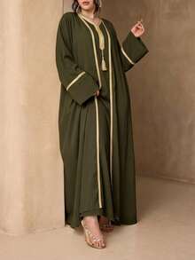 Set Jubah Panjang 3 Potong Warna Polos untuk Wanita, Jubah Panjang Tanpa Lengan Minimalis + Cardigan Abaya + Set Syal, Pakaian Muslim Lembut Ramah Kulit dan Melindungi dari Sinar Matahari - Olive Green - View 1