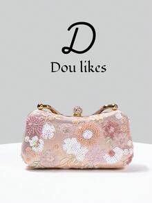 1件裝亮片刺繡晚宴包，花卉亮片與刺繡設計，高階訂婚手拿包，適合旗袍/晚禮服，附金屬鏈條，優雅女士風格，適用派對、婚禮、畢業舞會、晚餐/宴會，完美搭配女款畢業舞會禮服、畢業舞會配件、亮片洋裝、閃亮洋裝、女士優雅禮服 - 粉色 - 查看 3