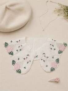 1件女款白色刺繡可拆卸領飾，粉色花卉蕾絲與綠葉細節，波浪邊緣，適用於洋裝與襯衫 - 白色 - 查看 9