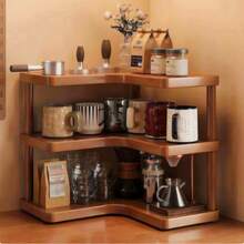 1pc Vintage Multi-Layer Corner Storage Rack, Solid Wood Material, Kitchen Corner Storage Rack, Tea Cup Water Cup Coffee Cup Storage Rack, Multi-Functional Desktop Storage Rack, Spice Rack, Desktop Bookshelf And Home Supplies Storage Rack, Coffee Decor, Display Stand, Suitable For Kitchen, Office, Dining Room, Living Room And Bedroom Storage - Multicolor - View 2