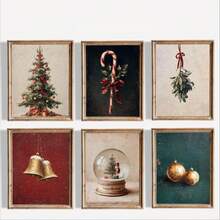 6pcs Frameless Vintage Christmas Canvas Art, Christmas Tree, Candy Cane, Snow Globe, Gold Decor Wall Art, Suitable For Living Room, Fireplace, Entryway, Kitchen, Farmhouse, Cabin - A - View 9
