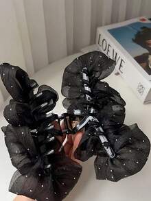 1pc Elegant Starry Rhinestone Chiffon Hair Claw Clip, Multi-Layer Ruffle Glitter Hair Clip For Women - Beige - View 3