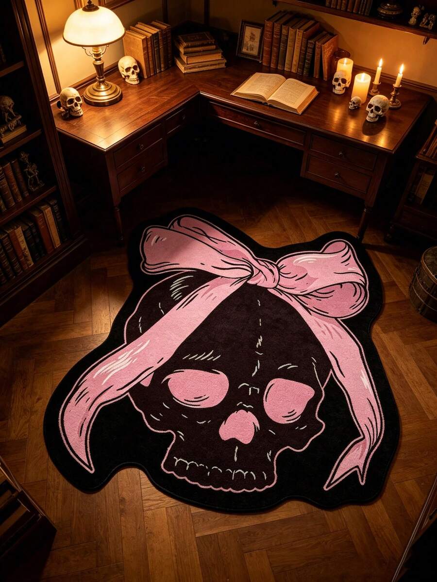 1 pieza Alfombra de calavera dulce negra & rosa, Halloween, alfombra decorativa, decoración de dormitorio, alfombra pequeña, alfombra, decoración del hogar, alfombra de sala de estar, alfombra pequeña de sala de estar, alfombra de dormitorio, decoración del hogar de sala de estar, alfombra de exterior, alfombra lavable - Multicolor - Ver 1