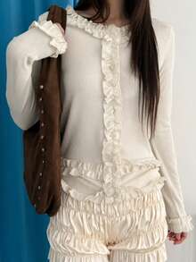 Women's Solid Color Casual Frill Trim Long Sleeve Cardigan Fall - Off White - View 4