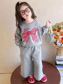 Set Pullover Kasual Lucu untuk Anak Perempuan, Setelan 2 Potong: Sweatshirt dan Celana Longgar, Dekorasi Pita, Musim Semi/Musim Gugur - Grey - View 10