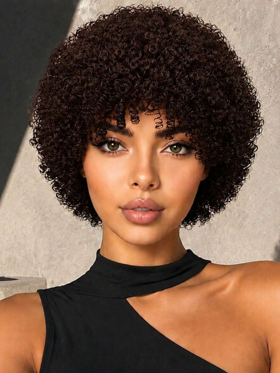 8 Inch Deep Brown Fluffy Curly Wig, Heat Resistant, Elegant & Fashionable, Suitable For All Women's Fluffy Party Wig - Dark Brown - View 1