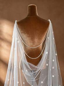 1 Stück weißer weicher Tüll bodenlanger Brautumhang mit Kunstperlen und Blumendekor, Hochzeitskleid Schal, Abendparty Accessoire - Weiss - Übersicht 6