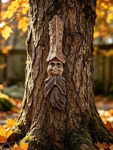 Whimsical Tree Face Garden Decor Outdoor – Spooky Halloween Decorations & Autumn Decor, Resin Wood-Look Wall Hanging Sculpture For Fence, Yard, Patio & Porch - Long-faced Tree Monster - View 9