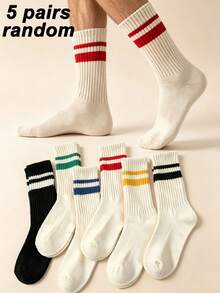 1/5 Pairs Men's Striped Mid-Calf Socks, Comfortable Breathable Moisture-Wicking Sports Socks, Couple Socks, Unisex, Suitable For Daily Wear, Sports, Back To School Season, Random Color - Multicolor - View 10