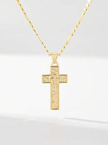 1PC European & American Classic Style Copper Layered Large Vintage Gold Double Cross Guardian Light Limited Edition Pendant Necklace, Suitable For Christmas/Thanksgiving/Halloween/Mother's Day/Valentine's Day Couples/Friends/Fellow Believers Gift, Catholic First Communion, Gift, Daily & Holiday Wear Prayer - Yellow Gold - View 5