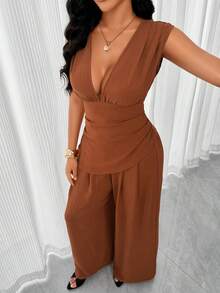 Elegant Women's Deep V Neck Ruched Bust Two Pieces Jumpsuit, Zipper Detail, Non-Stretch For Fall - Reddish Brown - View 8
