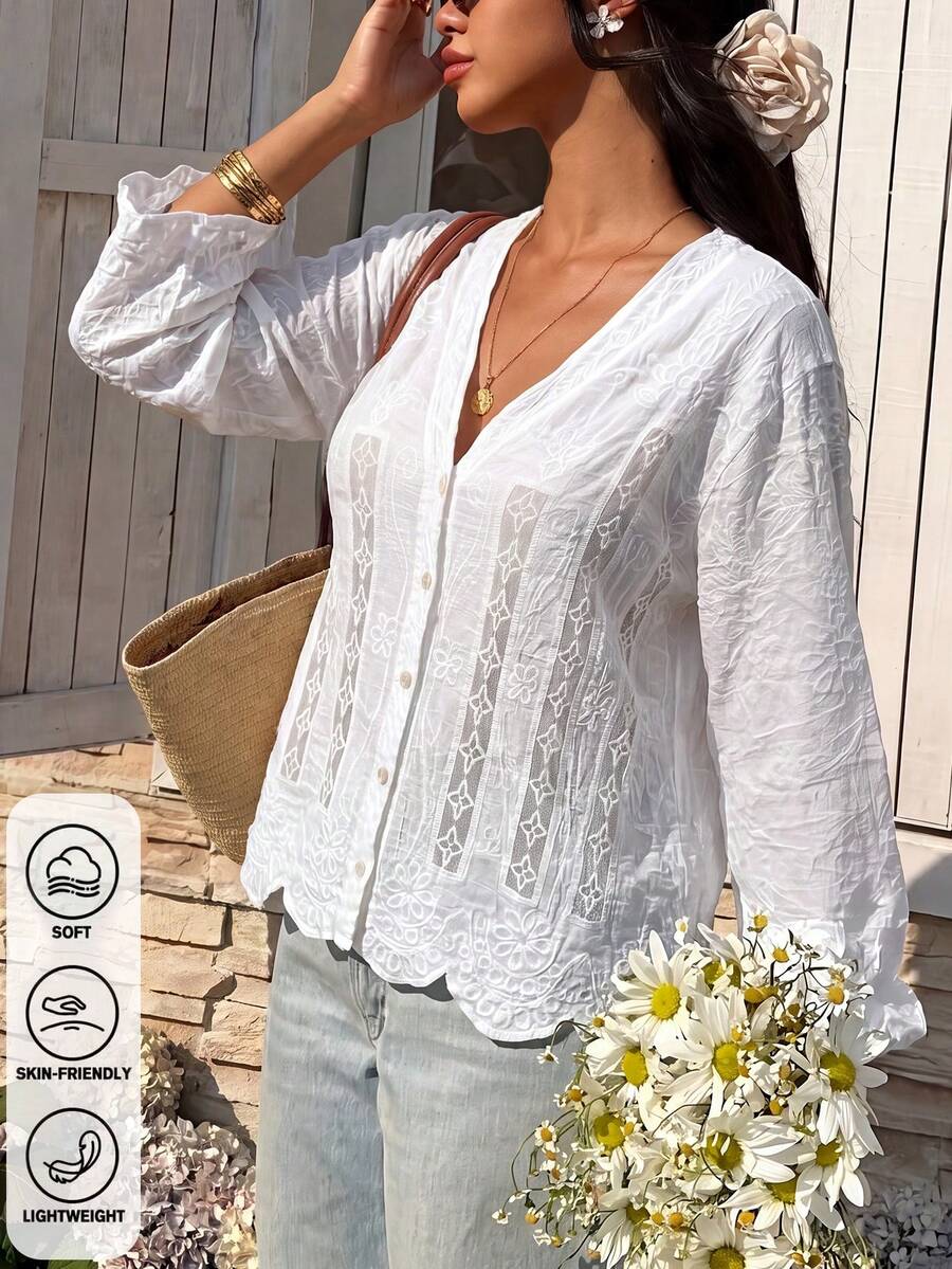 Vacation White Boho Eyelet Cutout Blouse Loose Petal Sleeve Scallop Hem Front Placket Shirt For Summer Street Daily Matching - White - View 1