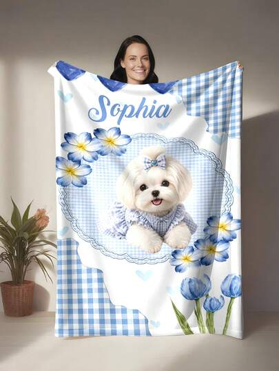 Personalized Photo Blanket, Custom Pet Face Photo - Machine Washable, Polyester Fabric, All-Season, All-Weather, Modern Style Multi-Functional Digital Print Blanket, Suitable For Sofa, Bed, Car, Tea Room, Bedroom, Bathroom, Living Room, Dining Room, Office And More.