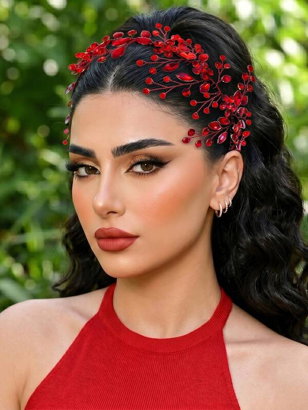 1pc Elegant Red Rhinestone Bridal Headband, Fashionable Charming Women's Hair Accessory Suitable For Party, Festival, Gathering, Ball, Celebration