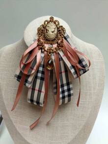 Vintage Embossed Beauty Portrait Plaid Bow Tie, Caramel Satin Ribbon Rhinestone Pendant Collar Flower, Preppy Shirt Suit Collar Accessory - Coffee Brown - View 5