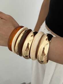 7/4/3pcs Vintage Elegant Casual Style Women's Brown Acrylic Marbled Round Bangle And Gold Metal Bracelet, Suitable For Summer Daily Wear, Party And Beach Vacation Travel - Multicolor - View 6