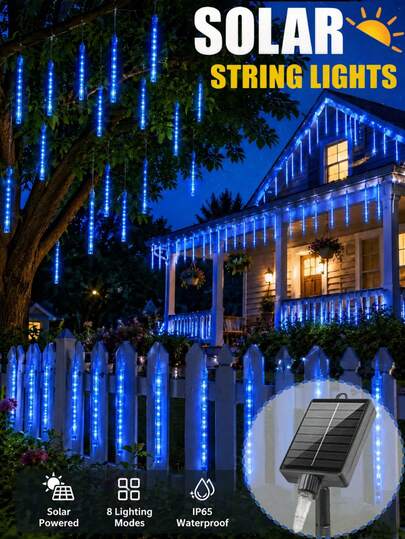 192/288 Luces LED Solares de Lluvia de Meteoros - 8 Tubos, Luces de Cadena Impermeables para Exterior, Adecuadas para Jardín, Árboles, Patio, Porche, Reunión, Fiesta, Boda, Aleros, Valla, Cenador, Vacaciones, Navidad, Halloween, Decoración de Otoño