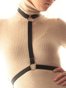 1pc Women's Gothic Punk Style Choker Body Harness With Metal Rings, Adjustable Chest & Waist Straps, Layered Outfit Accessory - Black - View 4