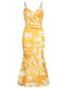 Elegante vestido largo ajustado de sirena sin mangas con efecto tie-dye para mujer, con detalles de envoltura y volantes, tejido de punto con elasticidad media - Multicolor - Ver 2