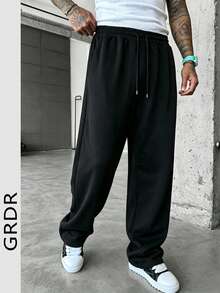 GRDR Men's Minimalist Black Draped Wide-Leg Sweatpants, Metal Tip Double Drawstring Elastic Waist, Side Pockets, Loose Straight Floor-Length All-Seaso - Black - View 9
