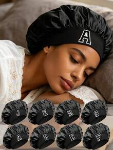 1Pc A-Z Letters Satin Sleep Bonnet,Soft Comfortable Sleeping Bonnet,Elastic Wide-Brim Silky Sleeping Cap For Hair Protection, Year-Round Use - Black - View 1