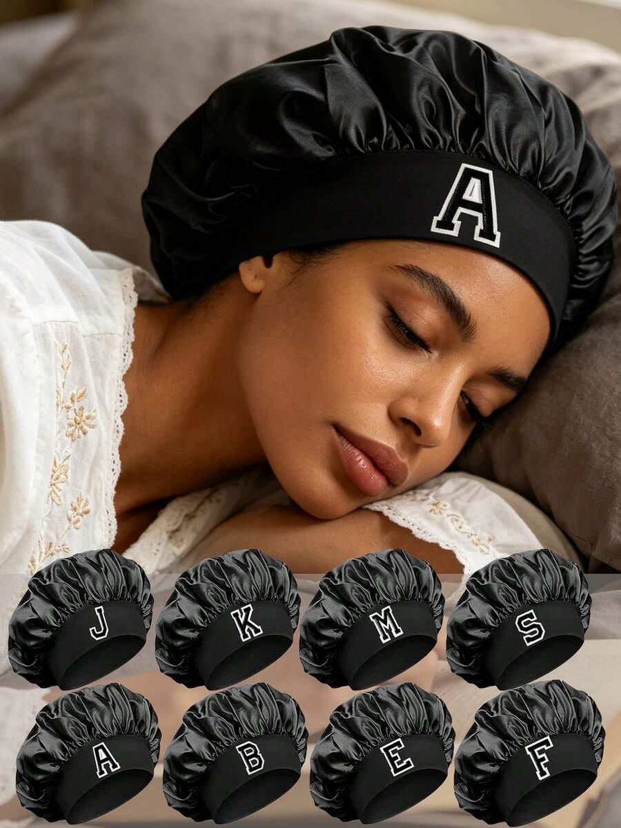 1Pc A-Z Letters Satin Sleep Bonnet,Soft Comfortable Sleeping Bonnet,Elastic Wide-Brim Silky Sleeping Cap For Hair Protection, Year-Round Use - Black - View 1