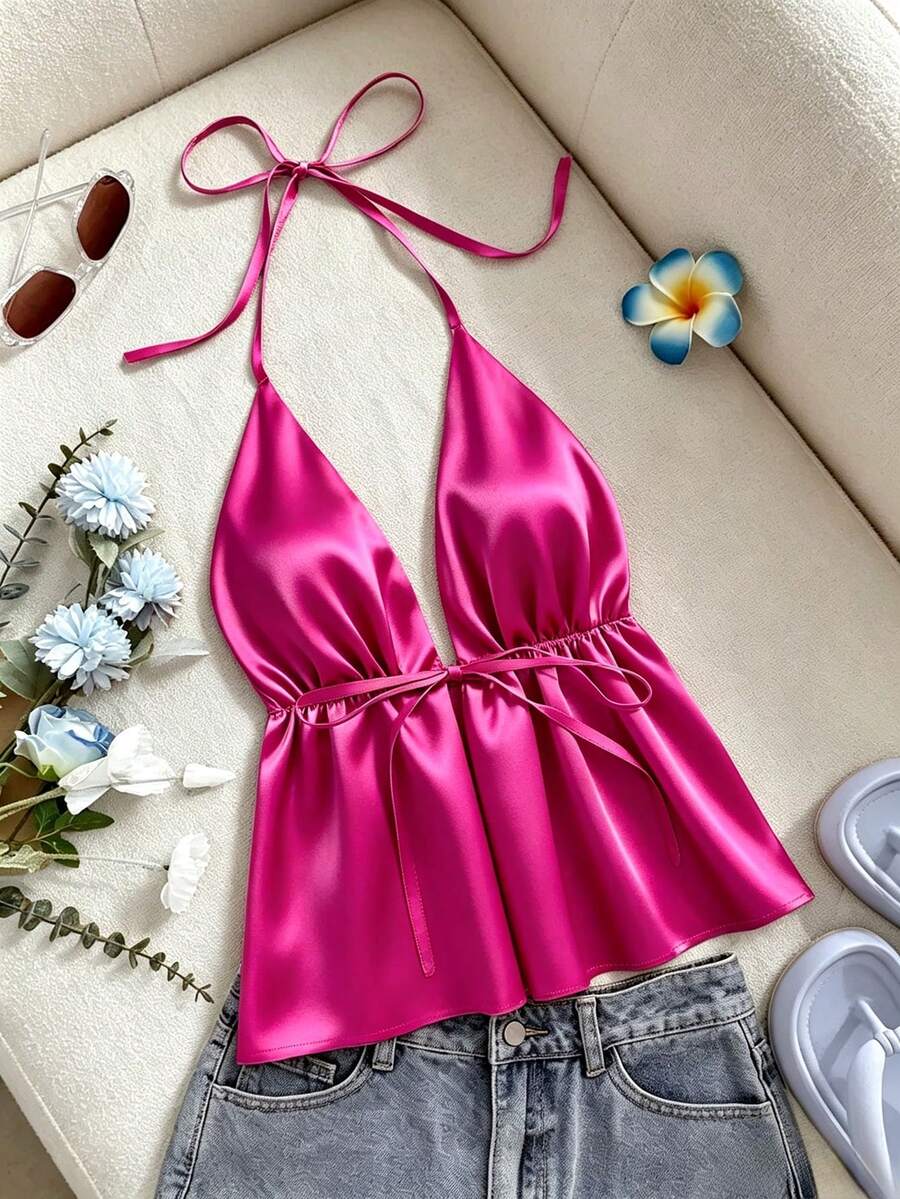 1pc Spring/Summer New Solid Color Sleeveless Spaghetti Strap Strap Tank Top For Daily Wear, Party And Vacation, All Seasons - Hot Pink - View 1