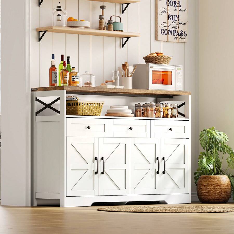 Rustic Style Sideboard Buffet With Shelves, White And Brown, 140cm - White and Brown - View 1