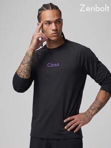 Kaos Lengan Panjang Leher Bulat Pria Zenbolt, Desain Jahitan Raglan, Cetak Logo Huruf di Dada, Potongan Slim Relaxed untuk Pakaian Kasual Sehari-hari - Hitam - View 3