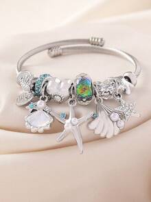 1pc Summer Vacation Ocean Series Elegant Luxury Brand Fashion Handmade Beaded Gradient Color Large Hole Beads Rhinestone Star, Bow, Seashell, Starfish Pendant Stainless Steel Open Cuff Bracelet Suitable For Women Beach, Party, Bar, Large Gathering Perfect Gift, Gift For Friends And Family Vacation, All Seasons, Casual, Photography, Travel Daily Wear (With Box Bracelet) - Multicolor - View 1