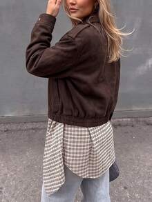 Women's Brown Lapel Long Sleeve Zip-Up Knit Jacket, Regular Length Non-Stretch Outerwear, Suitable For Autumn/Winter - Chocolate Brown - View 2