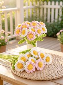 6 piezas Ramo de margaritas de ganchillo hecho a mano, arreglo floral artificial realista, flores de tela blancas y amarillas encantadoras, colores vibrantes, versátil para decoración estacional del hogar, coche, oficina - Ideal para el Día de San Valentín, Día de la Madre, Acción de Gracias, Boda, - Multicolor - Ver 1