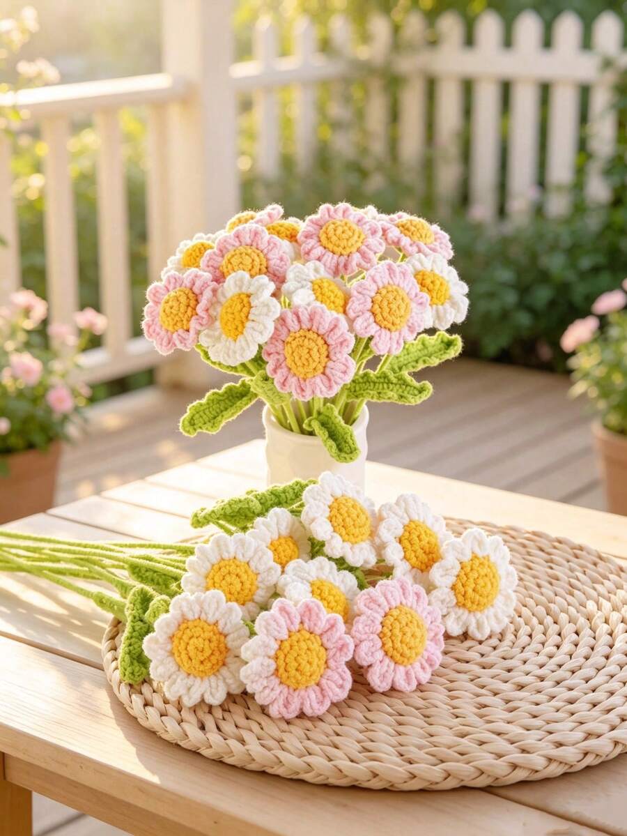 6 piezas Ramo de margaritas de ganchillo hecho a mano, arreglo floral artificial realista, flores de tela blancas y amarillas encantadoras, colores vibrantes, versátil para decoración estacional del hogar, coche, oficina - Ideal para el Día de San Valentín, Día de la Madre, Acción de Gracias, Boda, - Multicolor - Ver 1