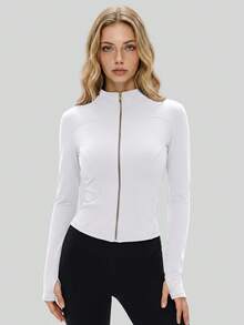 NcmRyu Women's 1pc Metal Zipper Small Stand Collar Thumb Hole Long Sleeve Slim Fit Sports Jacket - White - View 7