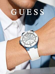 Guess Women's Multifunction Quartz Watch White Silicone Strap Blue Bezel Textured Dial Accessory Suitable for Road Trips and Travel Adventures - 白色 - 查看 2