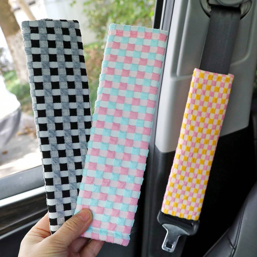 格子紋安全帶肩墊,柔軟透氣汽車內飾裝飾通用汽車安全帶保護墊 - A - 查看 1