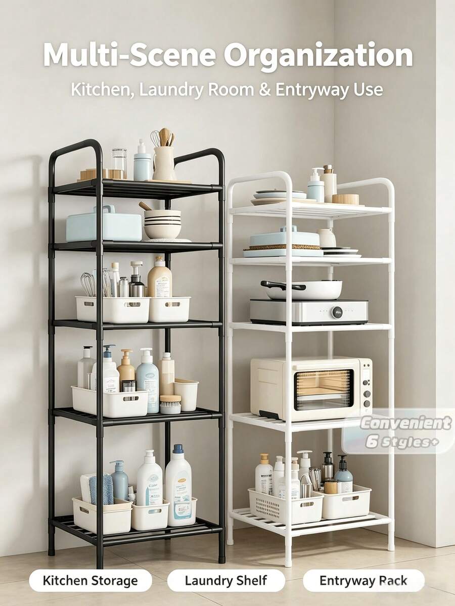 1pc 2-6 Tier White/Black Metal Multi-Function Storage Rack, Freestanding Stackable Microwave Storage Rack, Heavy Duty Space-Saving Stand, Suitable For Kitchen, Laundry Room And Dorm, Back To School And Moving Essentials