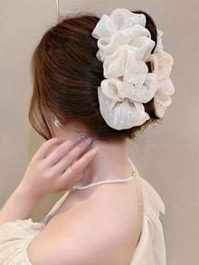 1pc Elegant Starry Rhinestone Chiffon Hair Claw Clip, Multi-Layer Ruffle Glitter Hair Clip For Women - Beige - View 1
