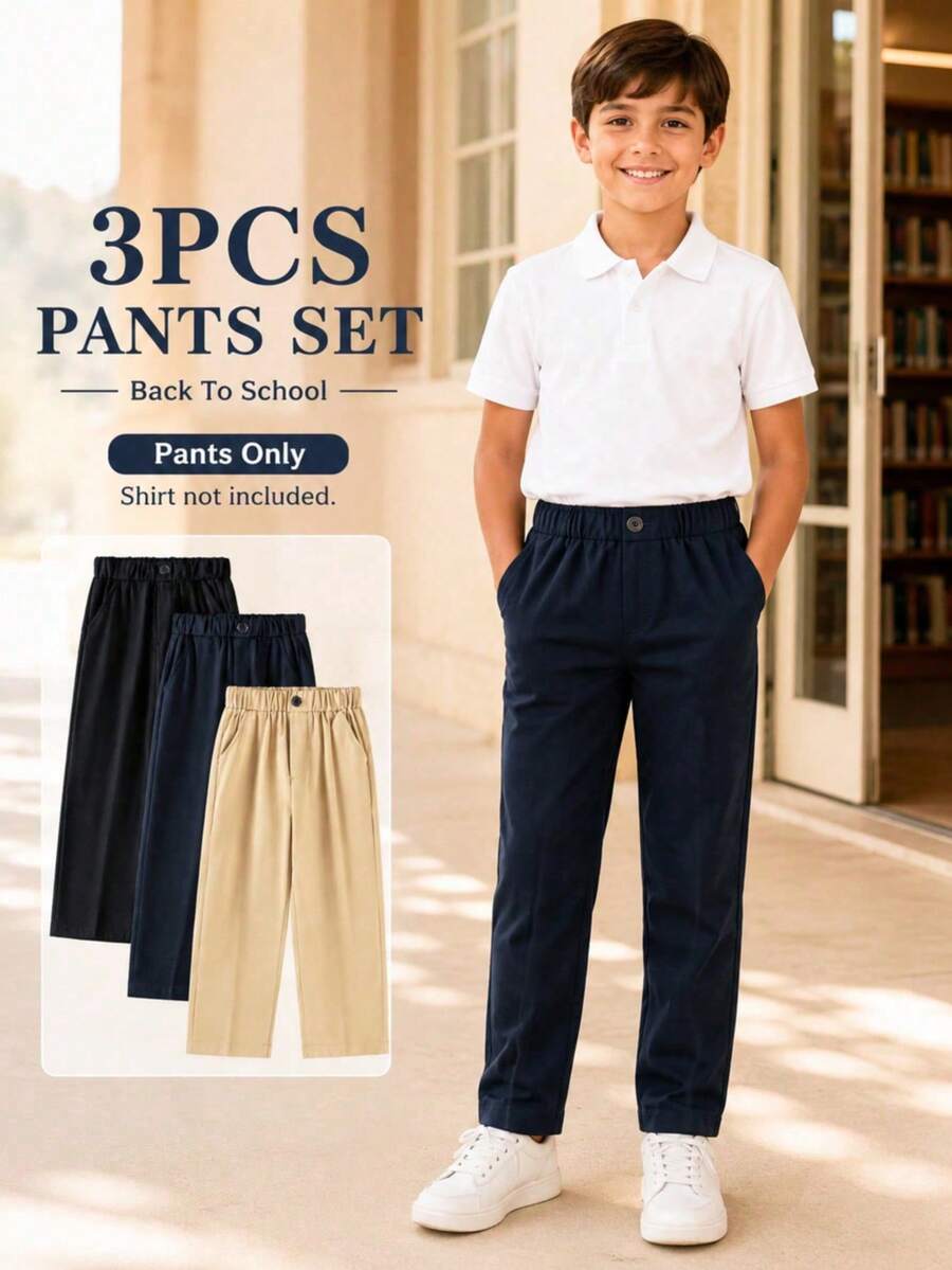 3-Pack Classic Versatile School Style Long Pants For Boys Of All Ages, Suitable For Weddings, Parties, Performances, Daily Wear, School And Other Occasions - Multicolor - View 1