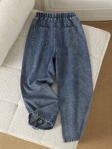 Tween Girls Blue Denim Jeans Fashion Heart Embroidery Rhinestone Craft Casual Loose Wide Leg Pants Suitable For Spring Summer Autumn Winter School Daily Outings - Blue - View 4