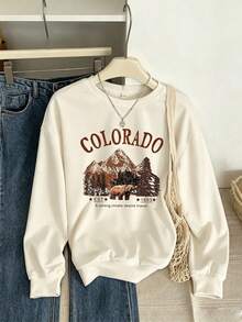 Colorado Mountain Brown Bear Print Crew Neck Sweatshirt, Wilderness Travel Graphic Pullover, American Outdoor Camping Casual Long Sleeve, Western Adventure Vibe Everyday Versatile Top - Apricot - View 7