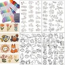 Cute Animal & Floral Embroidery Sticker Set, Suitable For Beginners, DIY Self-Adhesive Water-Soluble Cloth Paper, Pre-Printed Pattern On Self-Adhesive Non-Woven Fabric, Includes Water-Soluble Stabilizer - Black and White - View 1