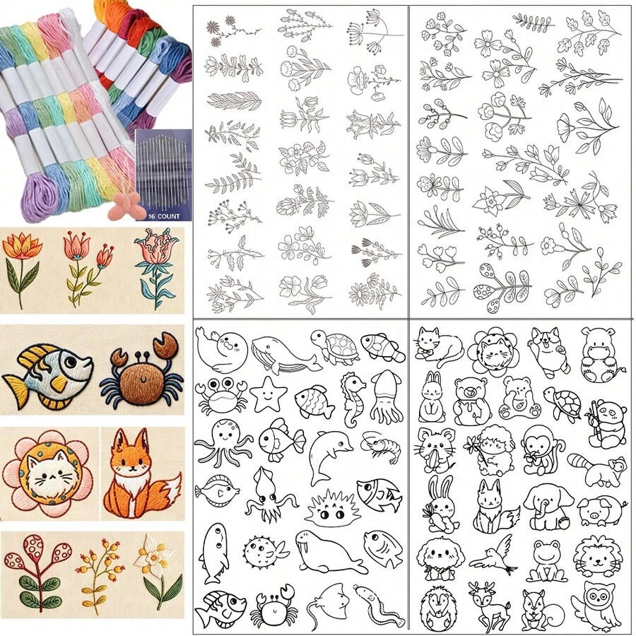 Cute Animal & Floral Embroidery Sticker Set, Suitable For Beginners, DIY Self-Adhesive Water-Soluble Cloth Paper, Pre-Printed Pattern On Self-Adhesive Non-Woven Fabric, Includes Water-Soluble Stabilizer - Black and White - View 1