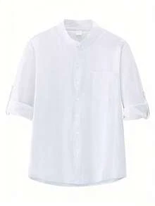Men's Stand Collar Rolled Sleeve Linen White Shirt, Casual Vacation Pool Bar Resort Top - White - View 5