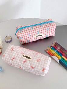 1pc Cute Bow Plaid Pencil Case, Fresh Korean Style Design, Back To School Student Stationery Storage Bag, School Bag Pencil Pouch - Blue - View 6