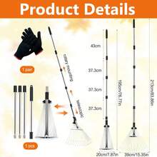Rastrello da giardino in metallo a 18 denti, rastrello per foglie lungo 213 cm con testa estensibile 20-40 cm, spazzola rastrellante per foglie con manico, adatto per cortili, prati, arbusti e aiuole - argento - Visualizzare 4