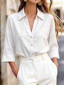 Plus Size Women's White Button Front Shirt, Minimalist Loose Long Sleeve Top For Elegant Business, Daily Commute, Spring Summer Fall - White - View 5