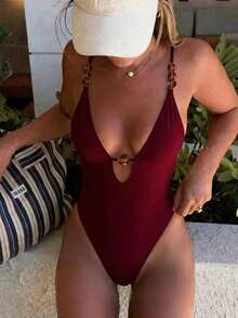 2026 Summer New Women's Vacation Beach Wear Deep V Halter Neck One-Piece Swimsuit - Burgundy - View 1